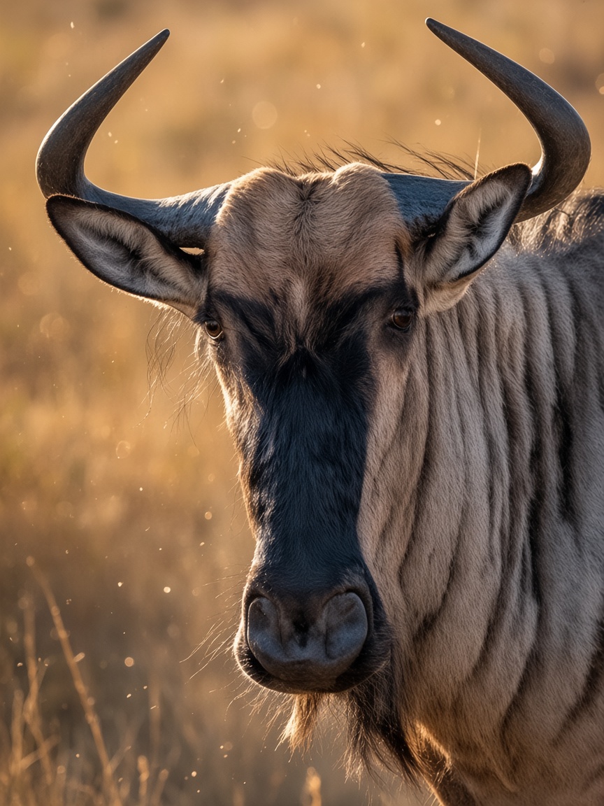 Wildebeest facing the camera on the open savannah