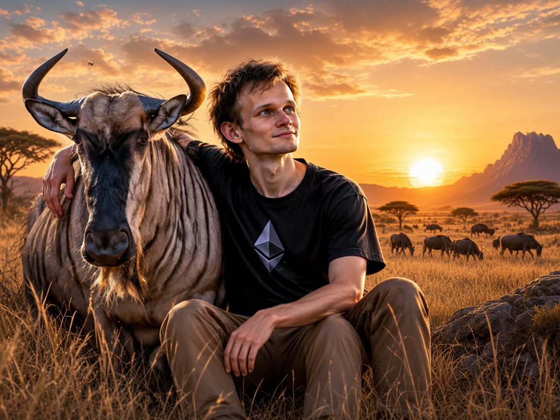 Vitalik with a wildebeest on the savannah at golden hour